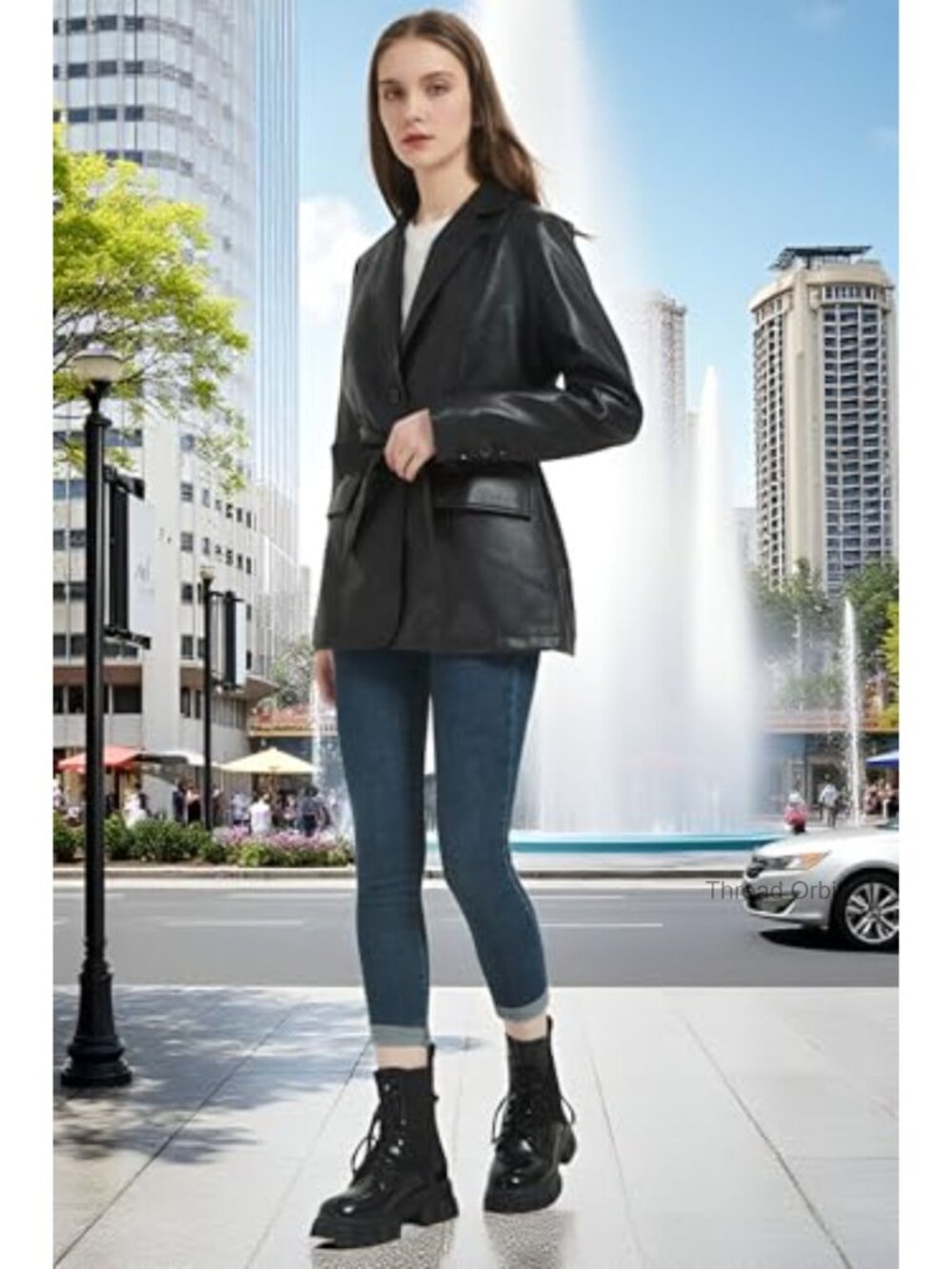 Faux Leather Blazer Jacket with Removable Belt, Notched Lapel, Vegan PU Coat - Picture 2 of 6